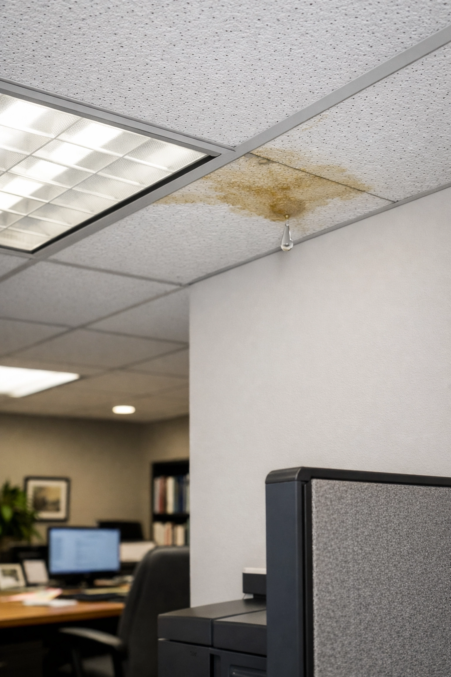 Water stain with a droplet on a commercial office ceiling in Edmonton, indicating a roof leak and interior water damage.