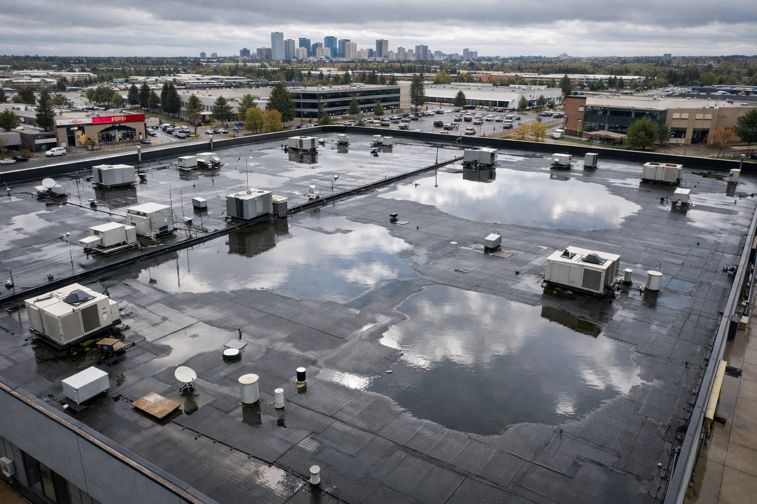 Aerial view of a flat commercial roof in Edmonton with standing water, showing drainage issues after rainfall.